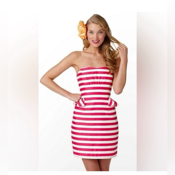 Lilly Pulitzer Maybell Azalea Pink  Swizzle Stripe Strapless Dress - Picture 1 of 12